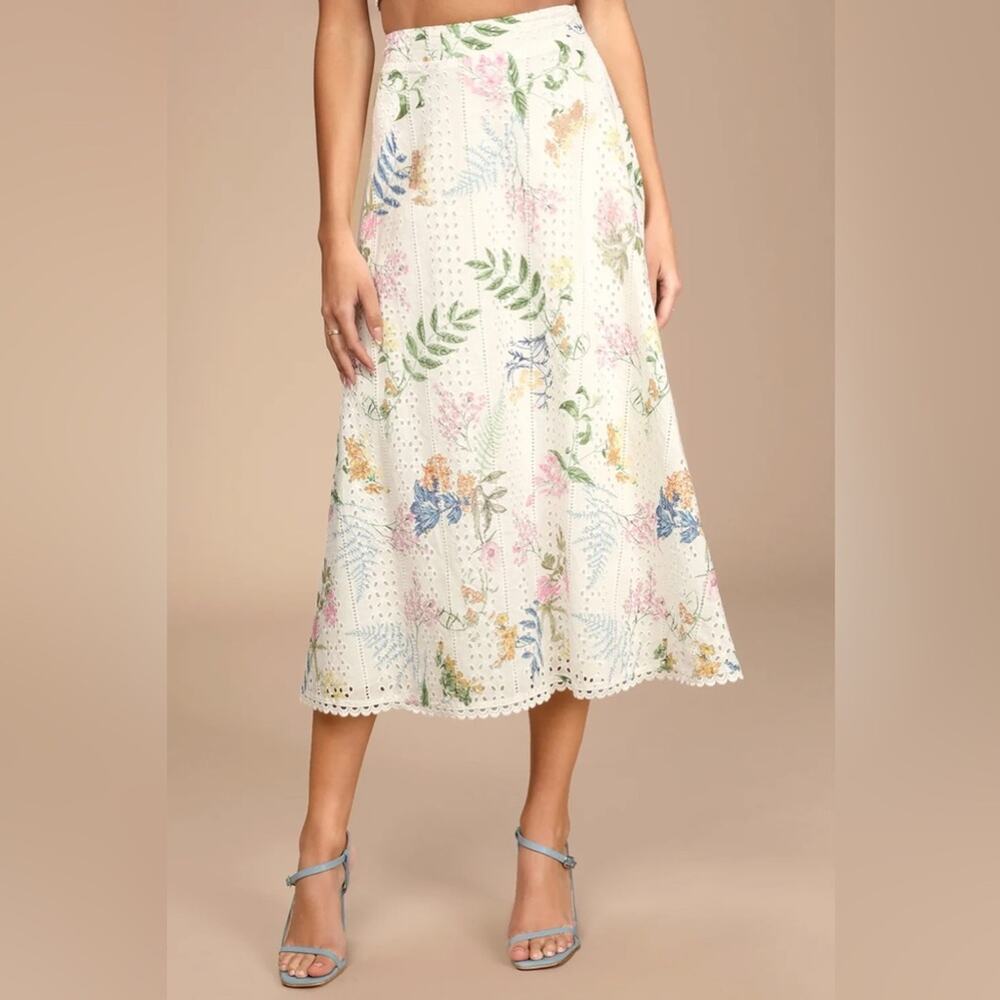 Lulus Sweet At Heart White Floral Embroidered Midi Skirt only